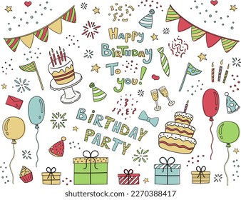 Large color birthday set: cake, candles, garland, gifts, confetti, congratulatory text, glasses, hats. Doodle style vector image.