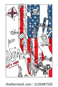 Large color hand drawn illustrated Tourist Map of New York City. Doodle vector sketch illustration with various symbols of Big Apple. Travel, leisure. Design for banner, postcard. Manhattan Color map.