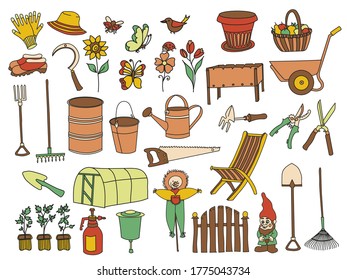 Large color vector set of illustrations on the theme of summer, summer cottage and garden. Watering can, bucket, basket, greenhouse, fence, seedlings, garden and others.
