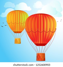 Large colored balloons soar against the bright sky, clouds and birds. Vector illustration for your design.
