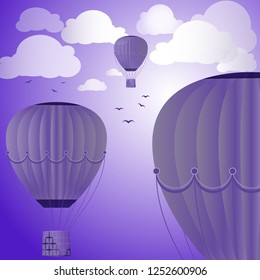 Large colored balloons soar against the evening sky, clouds and birds. Vector illustration for your design.