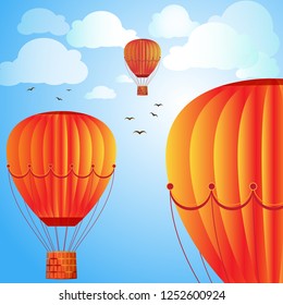 Large colored balloons soar against the bright sky, clouds and birds. Vector illustration for your design.