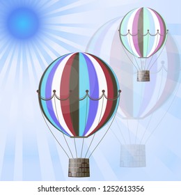 Large colored balloons soar against the bright sky and the sun. Creative vector illustration for your design.