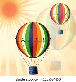 Large colored balloons soar against the bright sky and the sun. Creative vector illustration for your design.