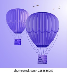 Large colored balloons soar against the bright sky and birds. Vector illustration for your design.