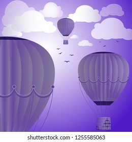 Large colored balloons soar against the evening sky, clouds and birds. Vector illustration for your design.