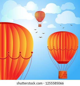 Large colored balloons soar against the bright sky, clouds and birds. Vector illustration for your design.