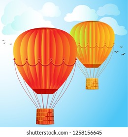 Large colored balloons soar against the bright sky, clouds and birds. Vector illustration for your design.