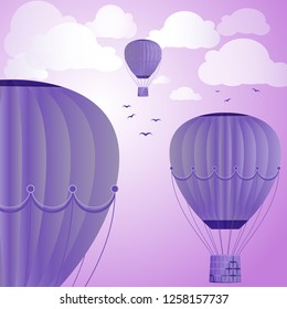 Large colored balloons soar against the evening sky, clouds and birds. Vector illustration for your design.