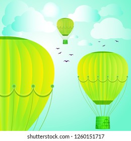 Large colored balloons soar against the bright sky, clouds and birds. Vector illustration for your design.