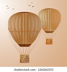 Large colored balloons soar against the bright sky and birds. Vector illustration for your design.
