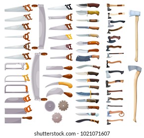 Large colored collection of a home working tool on a white background. Vector illustration of a set of axes, knives and saws