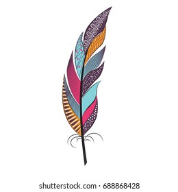 Large colored feather with patterns. Boho Style