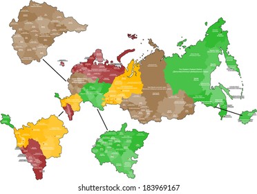 Large and colored map of Russia with all districts, republics and main cities.