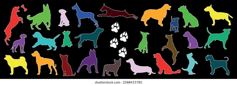  Large colored set of silhouettes of dogs and puppies in playful poses