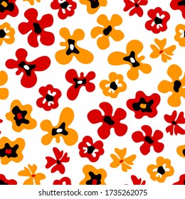 Large colorful bold red and orange flowers on white seamless pattern, vector background