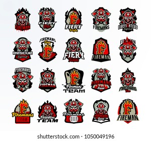 A large colorful collection of emblems, badges, stickers, a logo on the topic of firefighters. Fireman in a gas mask, skull, bones, axes, tools, rescue, shield, lettering, print. Vector illustration