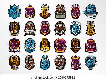 A large colorful collection of emblems, badges, stickers, logos of bears. Predator forest, wild animal, teeth, claws, grin, growl, lettering, shield, calligraphy, grunge, print. Vector illustration