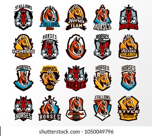 A large colorful collection of emblems, logos, badges of horses, stallion lets out steam from nostrils. Head animal, face, sports club, a mascot, a board, lettering. Vector illustration