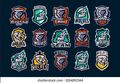 A large colorful collection of emblems, logos, icons of a howling, roaring wolf. A dangerous beast, a wild predator, a forest dweller. Vector illustration isolated on background