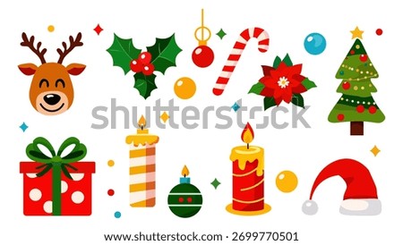 A large and colorful collection of flat design Christmas icons. This festive vector set includes a reindeer, Santa hat, tree, gifts, poinsettia, and other holiday elements 