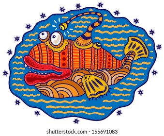 Large colorful, decorative fish with big eyes and a flashlight on his head.