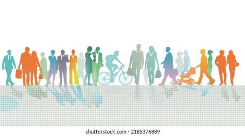 A large colorful group of people together, on white background. illustration