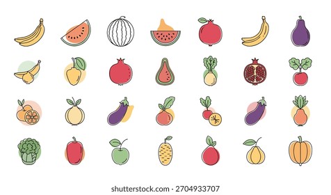 A large and colorful icon set of various fruits and vegetables illustrated in a simple line art style with abstract color spots.