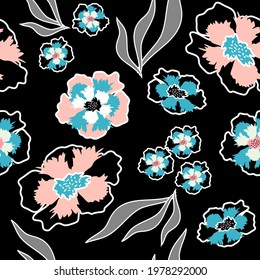 Large colorful pansies and leaves with white outlines on black background. Bright floral seamless pattern for textile, fabric print, packing, wrapping, wallpaper, cover. Retro style. Vector.