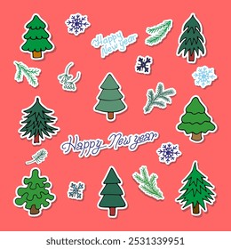 A large colorful set of Christmas stickers with fir trees and snowflakes, hand-drawn in a cartoon style.