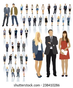 Large colorful set of people silhouettes. Businesspeople; men and women.