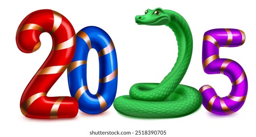 Large colorful stylized number 2025 with a festive Christmas design reminiscent of a candy cane, and a green snake instead of the number 2, with soft shadow, on a white background.