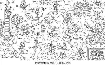 Large coloring book with a magical plot. Flying whale, children, egg tree, mushrooms, sun.