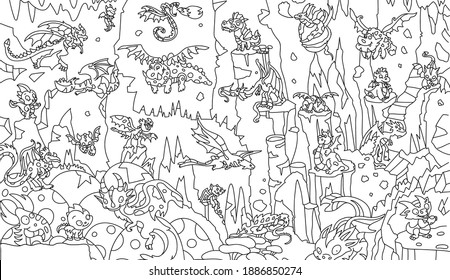 
Large coloring page with dragons in the cave. Rocks, dragons, stones.