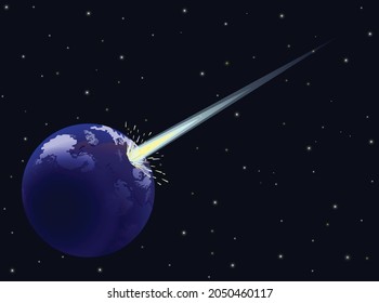 Large comet hit earth on dark space background