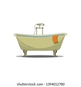 A large comfortable bathtub with hot and cold water taps and a shower vector color drawing or illustration