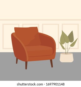 Large, comfortable, soft chair. Comfy living room interior with armchair and plant. Flat vector illustration. Scandic style.