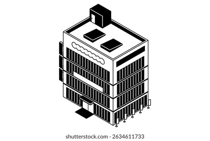 Grande edifício comercial, simples ilustração isométrica de desenho de linha preta e branca, Ilustração de vetor