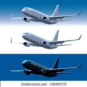 Large commercial passenger airplane flying in the blue sky