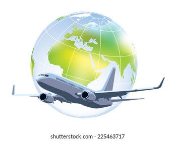 Large commercial passenger airplane flying over world globe