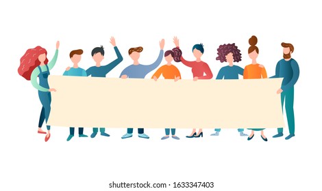 A large company of cheerful friendly young people with a poster in their hands, where there may be any inscription that suits you. Vector illustration concept of friendly youth group, join our team