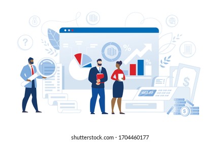 Large Company Financial Audit and Check. Money Counting and Profit Calculation Workflow Process. Consulting Service. Multiracial Man Woman Accountant Auditor Team at Work. Vector Illustration