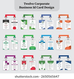 A large, complete collection of twelve corporate business ID card design templates. This bundle includes company ID cards designed in a unique shape.