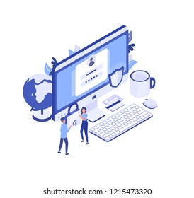 Large computer with access window on screen, pair of managers carrying padlock and protective shield. Personal data protection, digital information safety. Creative isometric vector illustration.