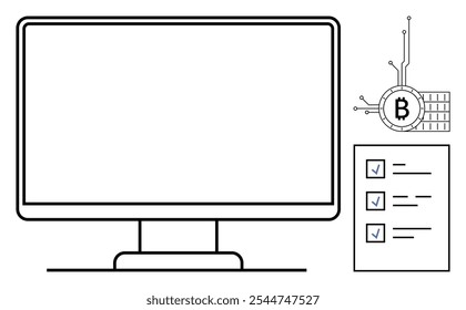 Tela de computador grande ao lado de uma lista de verificação com marcas de verificação e um símbolo Bitcoin com linhas de circuito. Ideal para tecnologia, criptomoeda, blockchain, planejamento financeiro e transações digitais