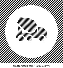 A large concrete mixer truck symbol in the center as a hatch of black lines on a white circle. Interlaced effect. Seamless pattern with striped black and white diagonal slanted lines