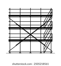 Large construction scaffolding vector illustration. Three level of working at height platform safety using steel pipe and clamp. Monochrome, black and white vector image