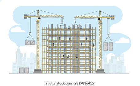 Large construction site featuring tall tower cranes and workers building concrete structure of highrise building.