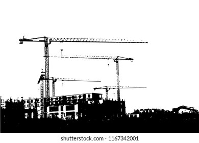 Large construction site including several cranes working on a building complex. Vector illustration