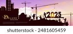 Large construction site, many construction cranes set numbers 2025. Black silhouette staff works as a to prepare to welcome the new year. Construction team sets numbers for New Year 2025. Vector.